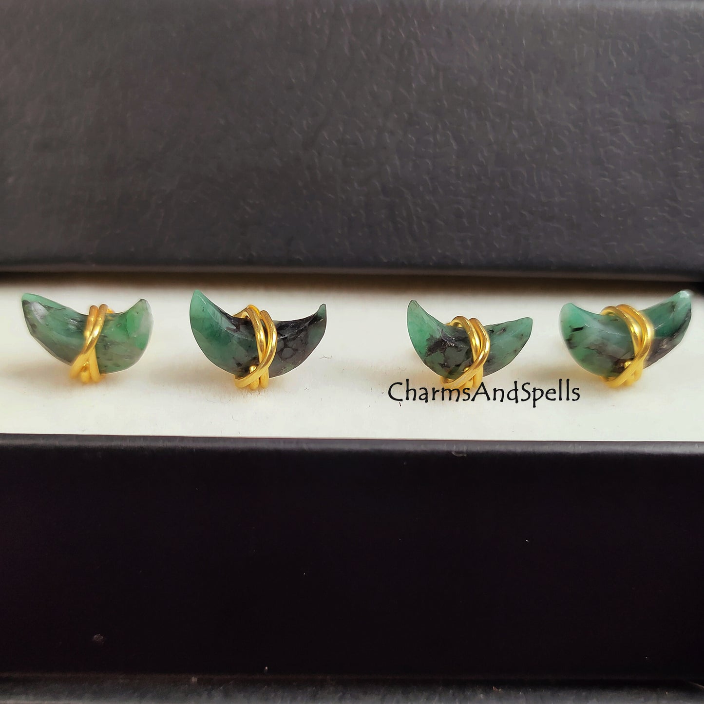 Raw Emerald Crescent Moon Stud Earrings | Tiny Green Half Moon 14K Gold Jewelry