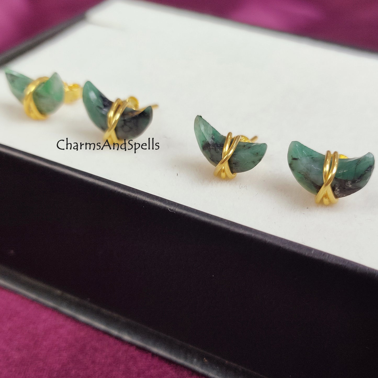 Raw Emerald Crescent Moon Stud Earrings | Tiny Green Half Moon 14K Gold Jewelry
