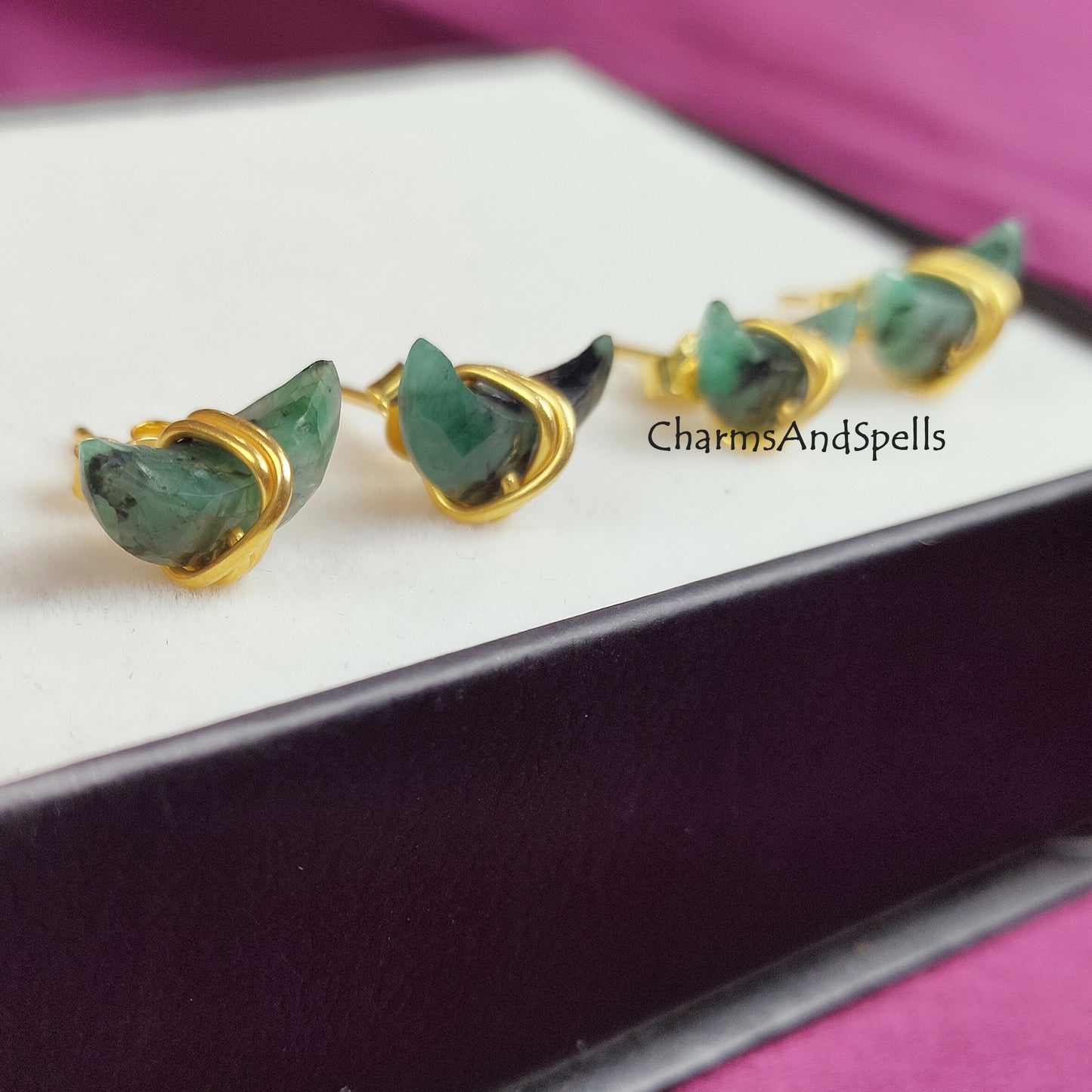 Raw Emerald Crescent Moon Stud Earrings | Tiny Green Half Moon 14K Gold Jewelry