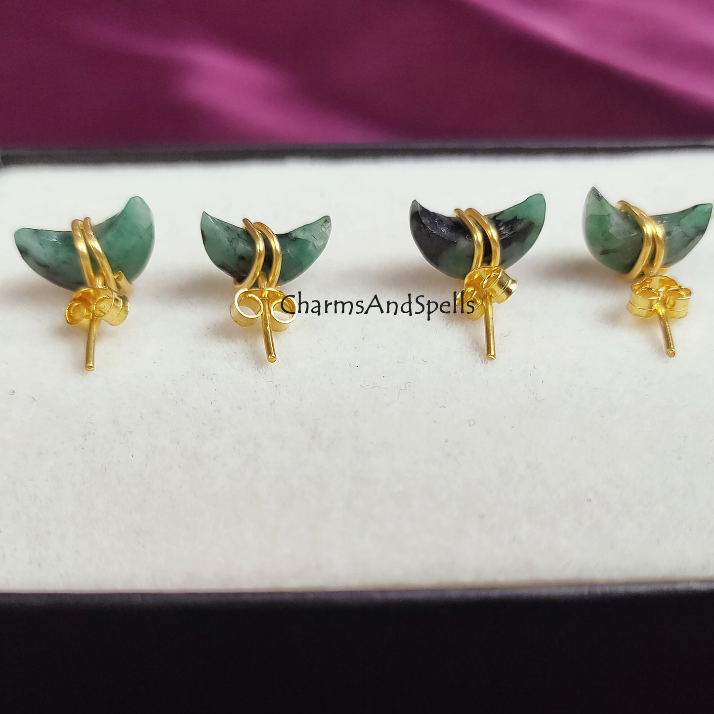 Raw Emerald Crescent Moon Stud Earrings | Tiny Green Half Moon 14K Gold Jewelry