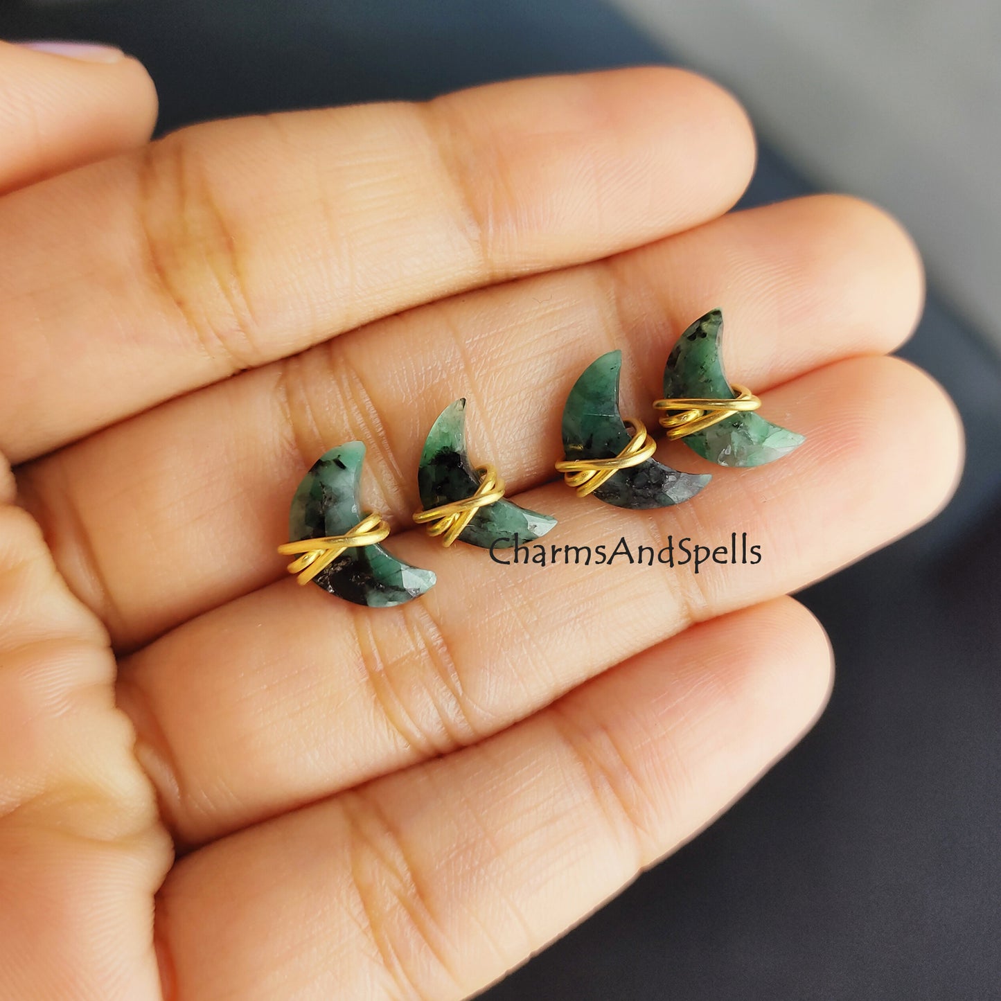 Raw Emerald Crescent Moon Stud Earrings | Tiny Green Half Moon 14K Gold Jewelry