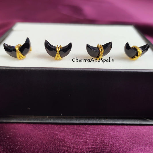 Raw Black Onyx Moon Stud Earrings | Tiny Celestial Crystal Wire Wrapped Jewelry