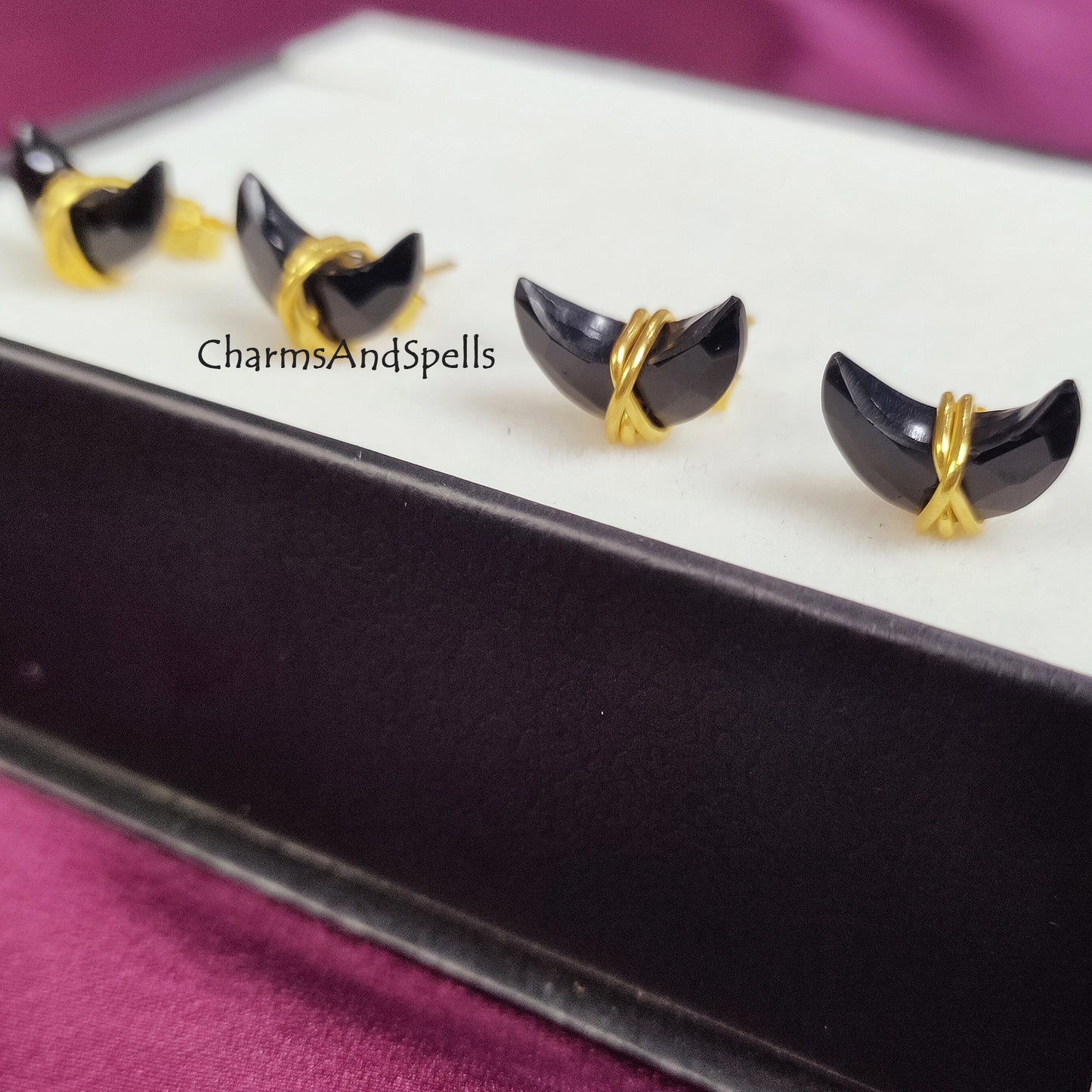 Tiny Moon Stud Earrings, Black Onyx Dainty Celestial Crystal Jewelry, Wire Wrapped Studs, Mini Moon Earrings, Gift For Mother, Boho Studs