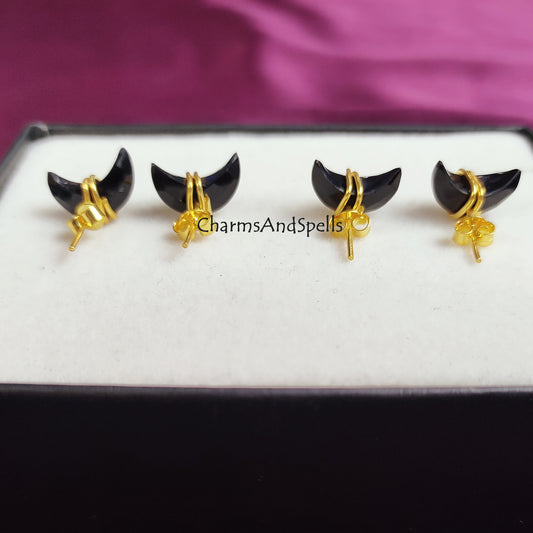 Raw Black Onyx Moon Stud Earrings | Tiny Celestial Crystal Wire Wrapped Jewelry