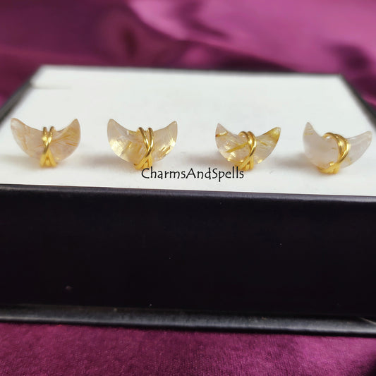 Raw Golden Rutile Crescent Stud Earrings | Tiny Quartz Half Moon Wire Wrapped