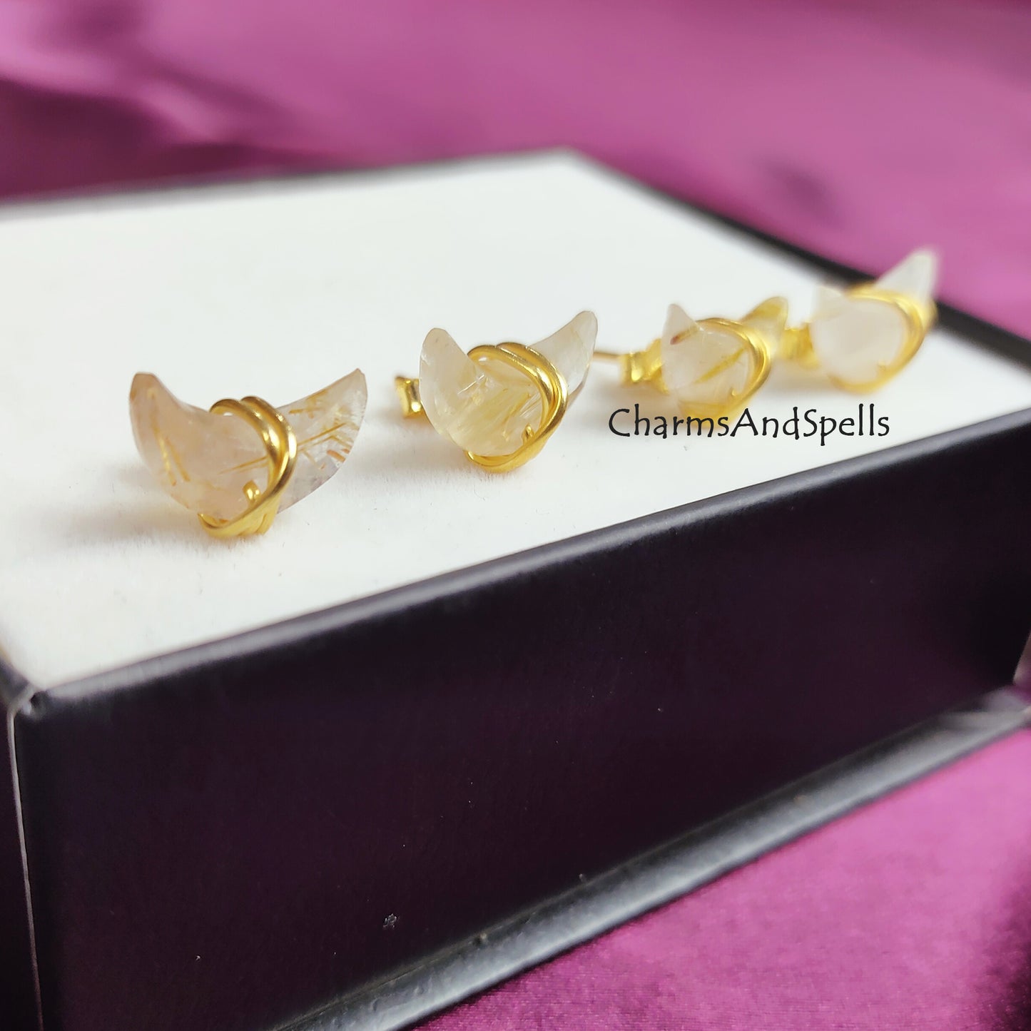 Tiny Natural Golden Rutile Crescent Moon Stud Earrings, Half Moon Studs, Quartz Gemstone, Wire Wrap 14K Gold Plated Earrings,Minimalist Stud