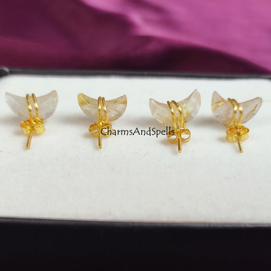 Raw Golden Rutile Crescent Stud Earrings | Tiny Quartz Half Moon Wire Wrapped