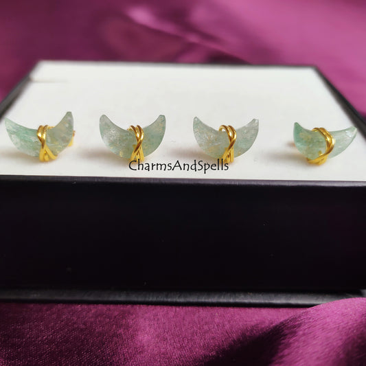 Raw Green Aventurine Crescent Stud Earrings | Tiny Half Moon Wire Wrapped