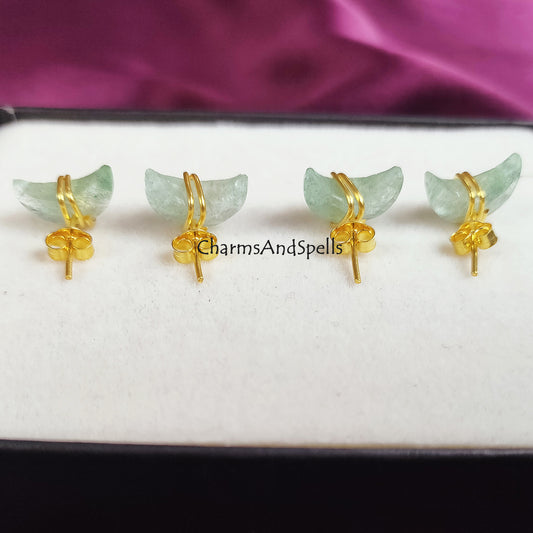 Raw Green Aventurine Crescent Stud Earrings | Tiny Half Moon Wire Wrapped