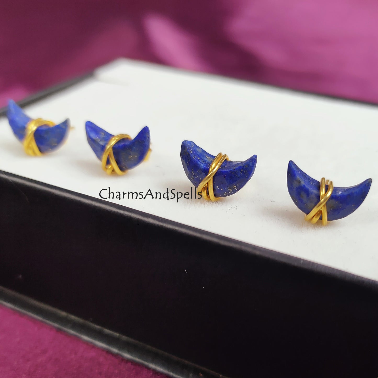 Raw Lapis Lazuli Crescent Stud Earrings | Tiny Blue Crystal Chakra Jewelry