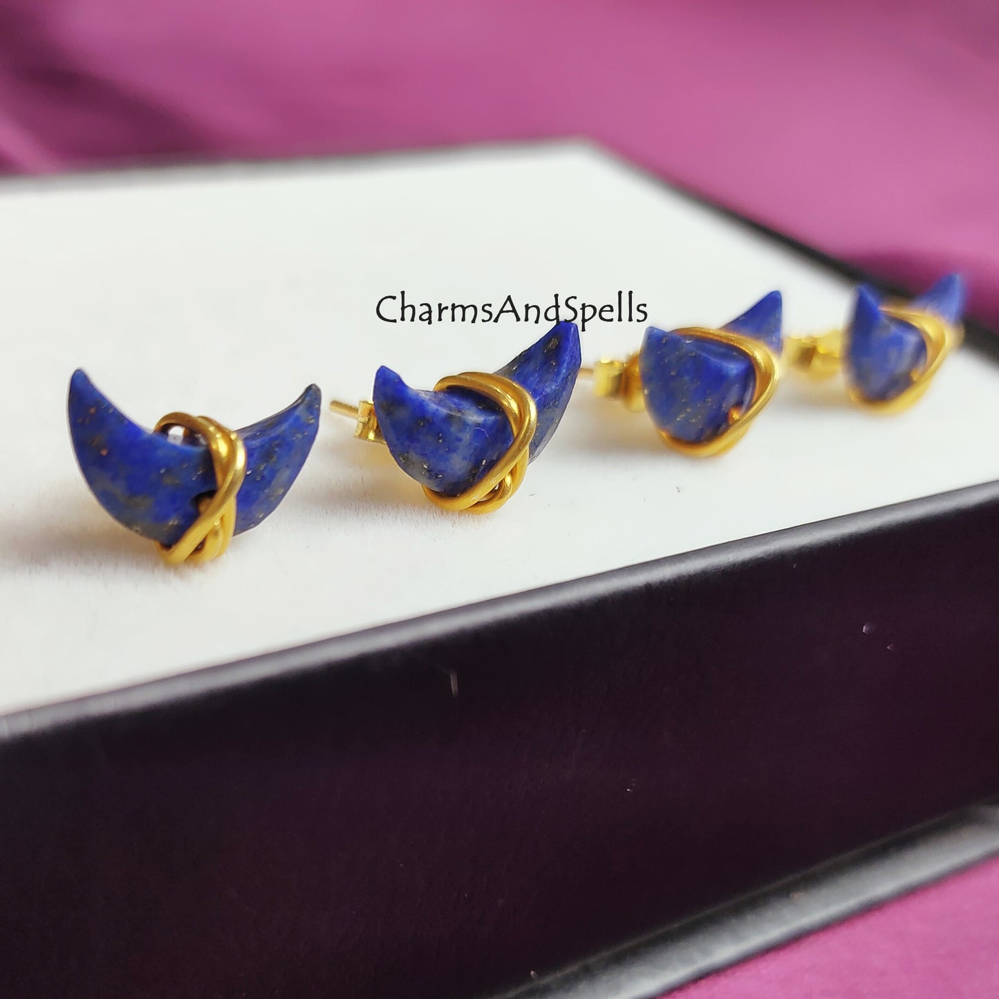 Raw Lapis Lazuli Crescent Stud Earrings | Tiny Blue Crystal Chakra Jewelry