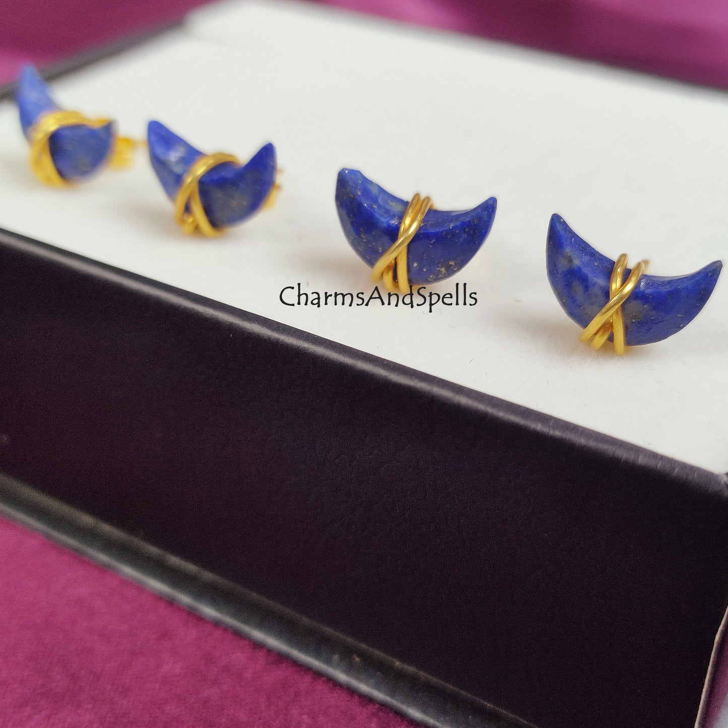 Raw Lapis Lazuli Crescent Stud Earrings | Tiny Blue Crystal Chakra Jewelry
