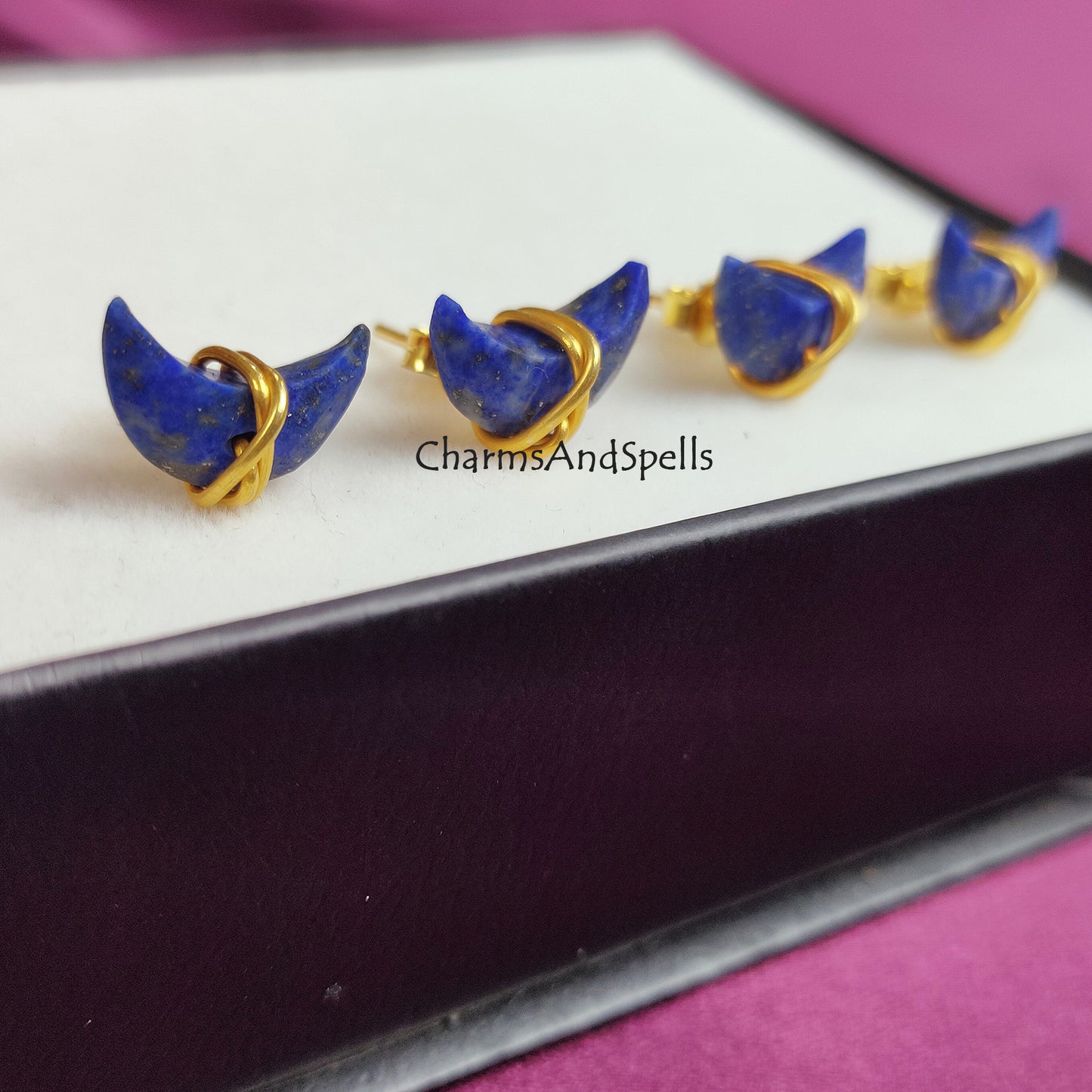 Raw Lapis Lazuli Crescent Stud Earrings | Tiny Blue Crystal Chakra Jewelry