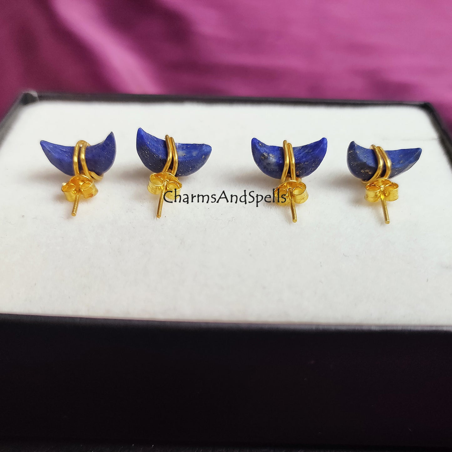 Raw Lapis Lazuli Crescent Stud Earrings | Tiny Blue Crystal Chakra Jewelry