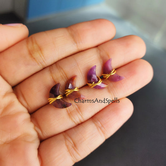 Raw Ruby Zoisite Half Moon Stud Earrings | Tiny Wire Wrapped Crystal Jewelry