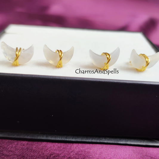 Raw Rainbow Moonstone Crescent Stud Earrings | Tiny Moon Crystal June Birthstone
