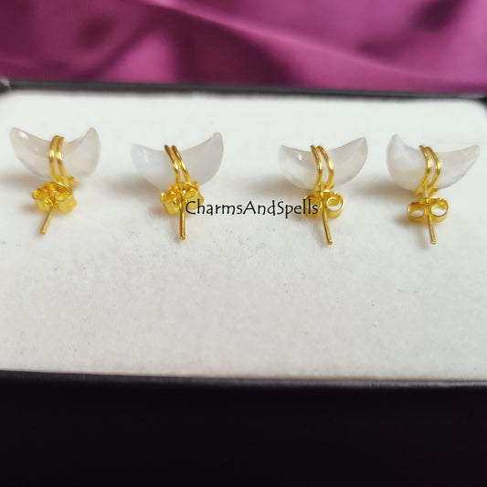 Raw Rainbow Moonstone Crescent Stud Earrings | Tiny Moon Crystal June Birthstone