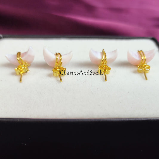 Raw Pink Opal Crescent Stud Earrings | Tiny Pink Crystal Chakra Birthstone