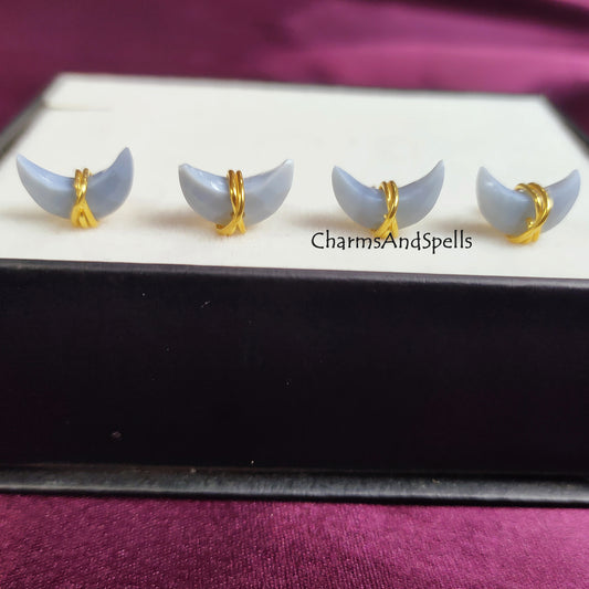 Raw Blue Opal Crescent Moon Stud Earrings | Tiny Half Moon Wire Wrapped