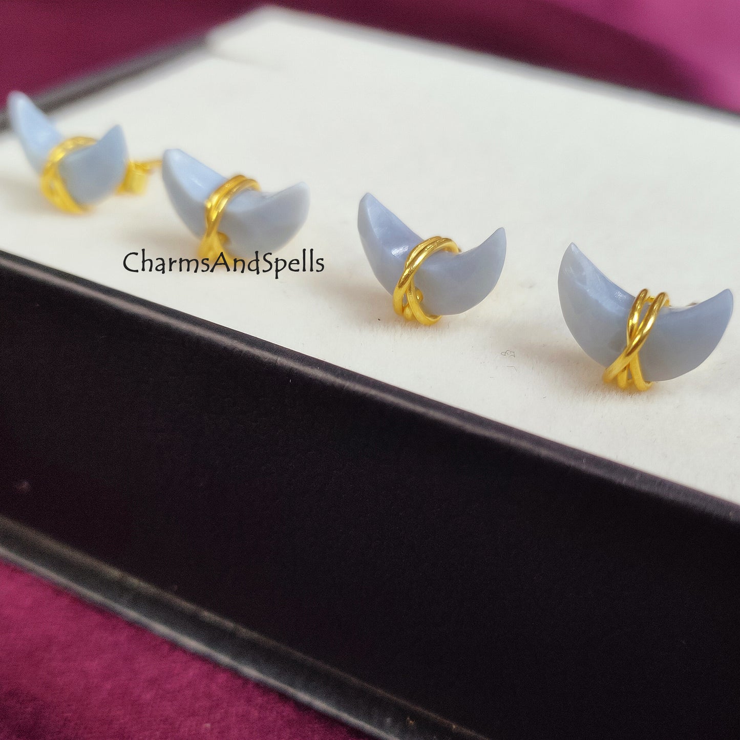 Tiny Natural Blue Opal Crescent Moon Stud Earrings, Half Moon Studs, Crescent Moon Wire Wrapped Stud Earring, Gifts For Woman, Gift Idea