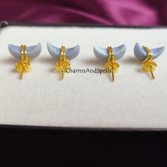 Raw Blue Opal Crescent Moon Stud Earrings | Tiny Half Moon Wire Wrapped