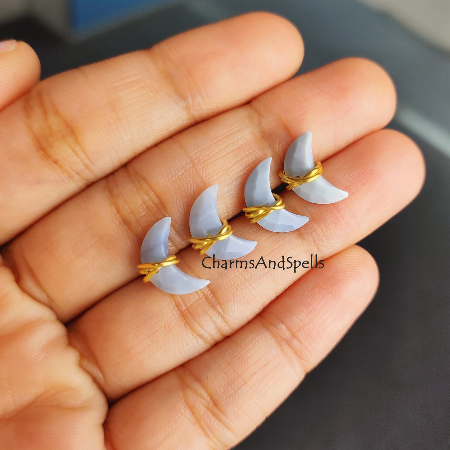 Tiny Natural Blue Opal Crescent Moon Stud Earrings, Half Moon Studs, Crescent Moon Wire Wrapped Stud Earring, Gifts For Woman, Gift Idea
