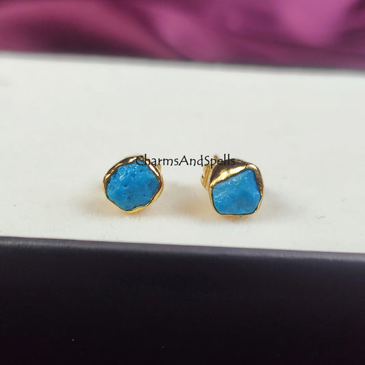 Raw Turquoise Stud Earrings | Tiny Blue Crystal Earrings December Birthstone