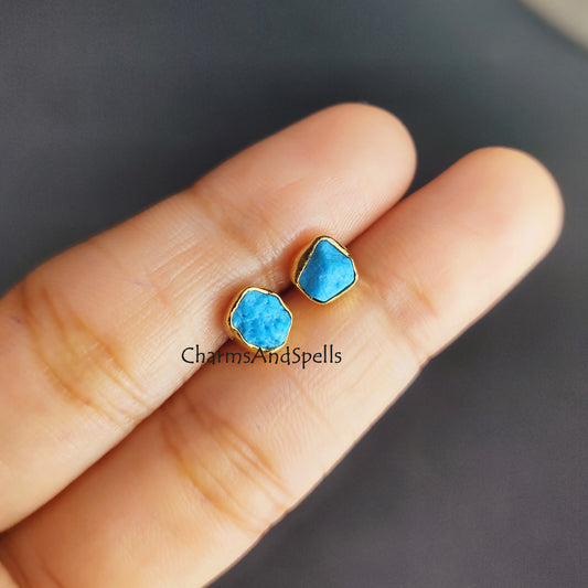 Raw Turquoise Stud Earrings | Tiny Blue Crystal Earrings December Birthstone