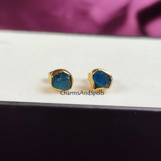 Raw Neon Apatite Stud Earrings | Tiny Blue Crystal Earrings Birthstone Jewelry