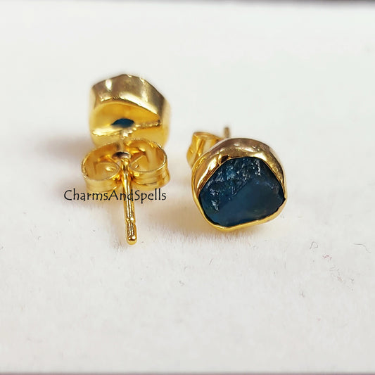 Raw Neon Apatite Stud Earrings | Tiny Blue Crystal Earrings Birthstone Jewelry