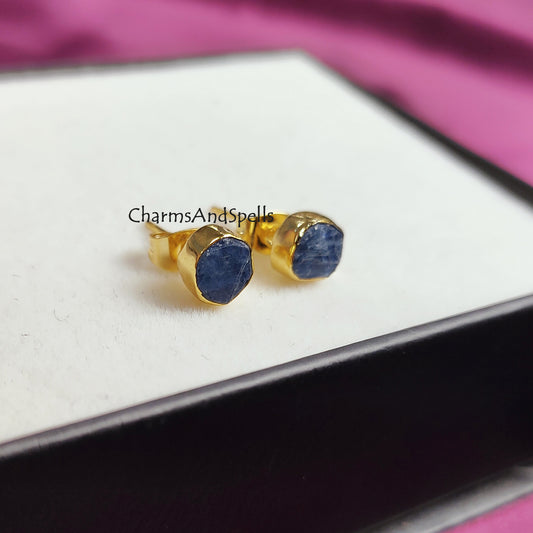 Raw Sapphire Stud Earrings | Tiny Blue Crystal Earrings September Birthstone