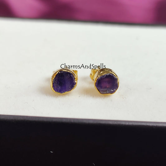 Raw Amethyst Stud Earrings | Tiny Purple Crystal Earrings February Birthstone
