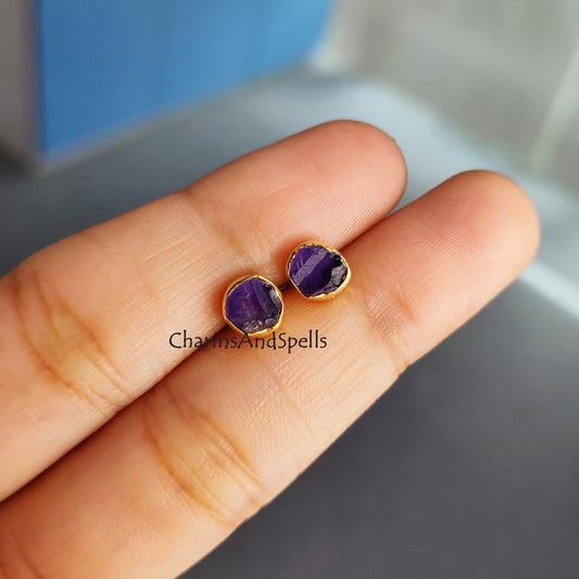 Raw Amethyst Stud Earrings | Tiny Purple Crystal Earrings February Birthstone