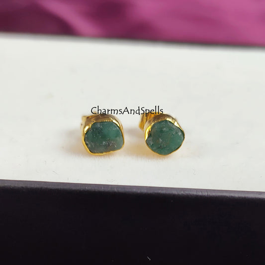Raw Emerald Stud Earrings | Tiny Green Crystal Earrings May Birthstone Jewelry