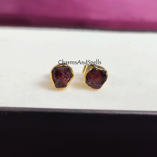 Raw Garnet Stud Earrings | Tiny Red Crystal Earrings January Birthstone Jewelry