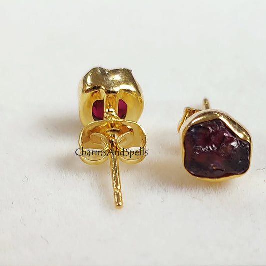 Raw Garnet Stud Earrings | Tiny Red Crystal Earrings January Birthstone Jewelry
