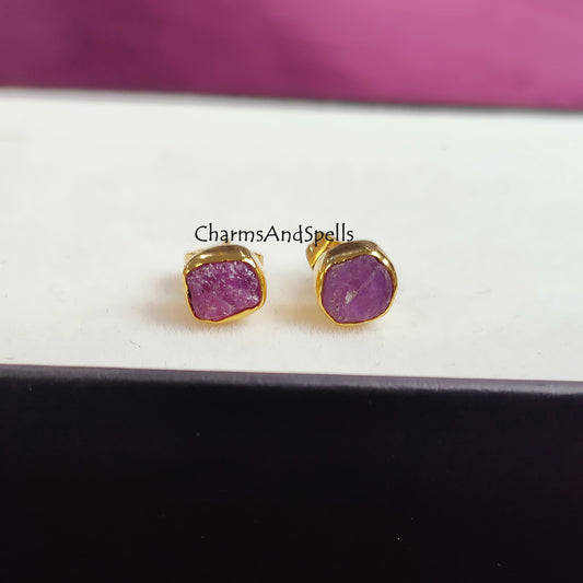 Raw Ruby Stud Earrings | Tiny Red Crystal Earrings July Birthstone Jewelry