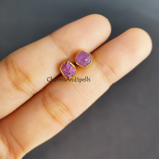 Raw Ruby Stud Earrings | Tiny Red Crystal Earrings July Birthstone Jewelry