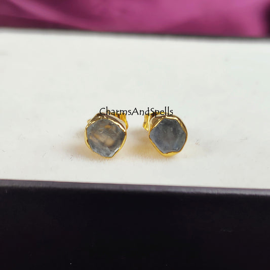 Raw Aquamarine Stud Earrings | Tiny Blue Crystal Earrings March Birthstone Jewelry