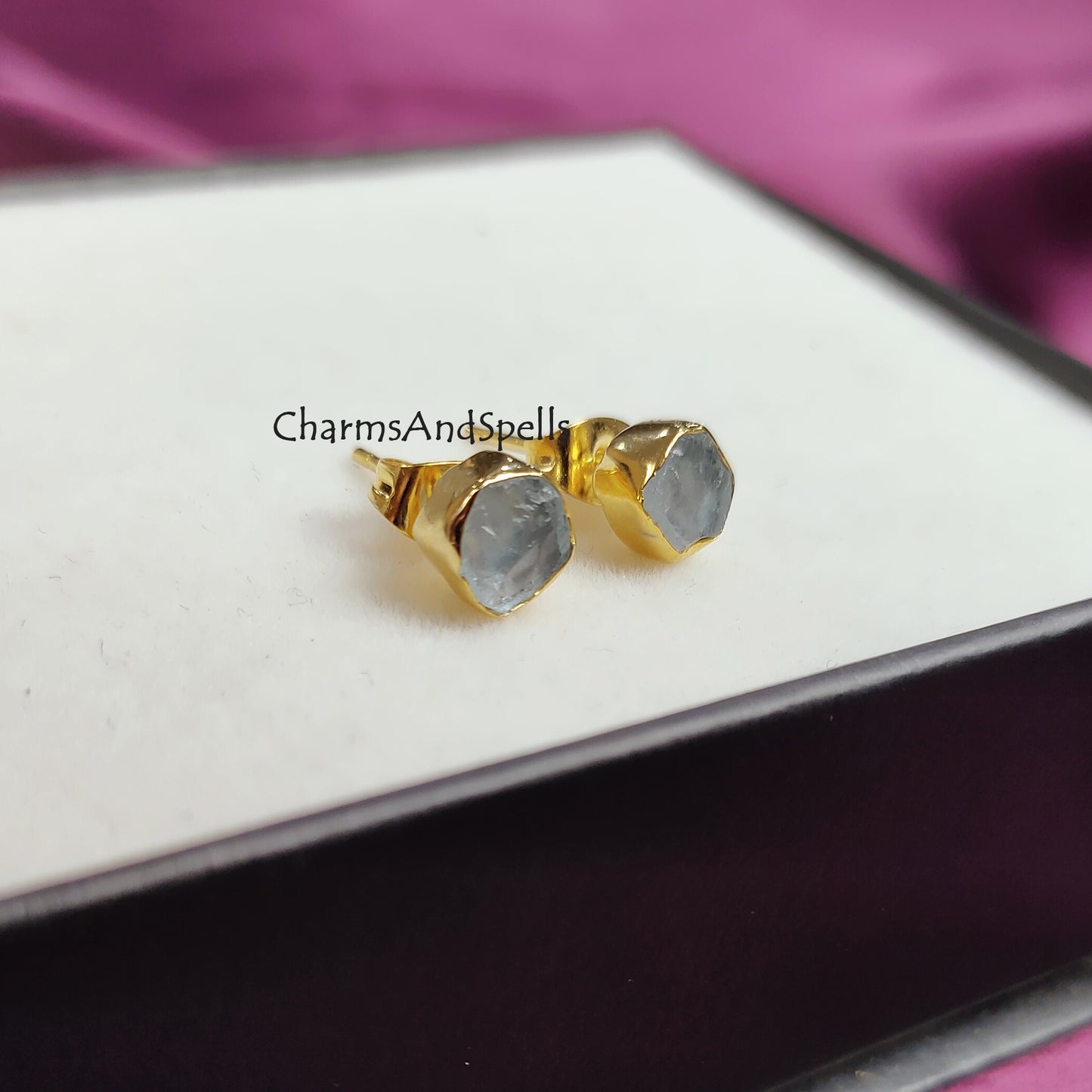 Raw Aquamarine Earrings for Women, Blue Stud Earrings, March Birthstone Studs, Unique Gift, Raw Crystal Earrings, Bohemian Earrings, Gift