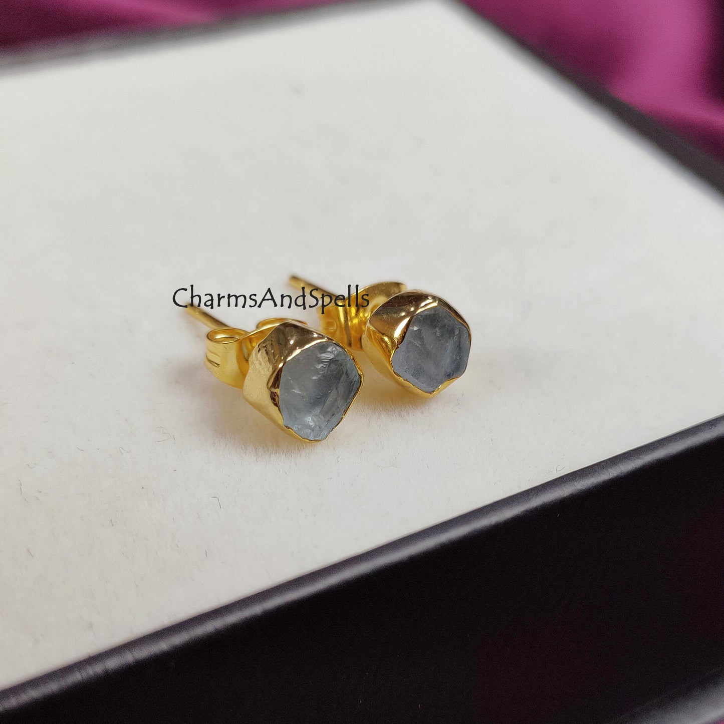 Raw Aquamarine Earrings for Women, Blue Stud Earrings, March Birthstone Studs, Unique Gift, Raw Crystal Earrings, Bohemian Earrings, Gift