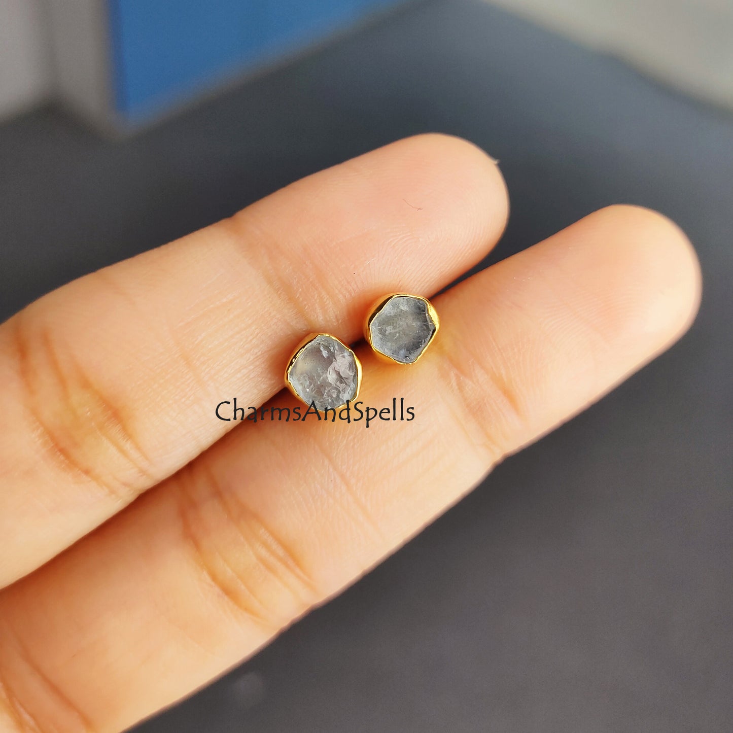 Raw Aquamarine Earrings for Women, Blue Stud Earrings, March Birthstone Studs, Unique Gift, Raw Crystal Earrings, Bohemian Earrings, Gift