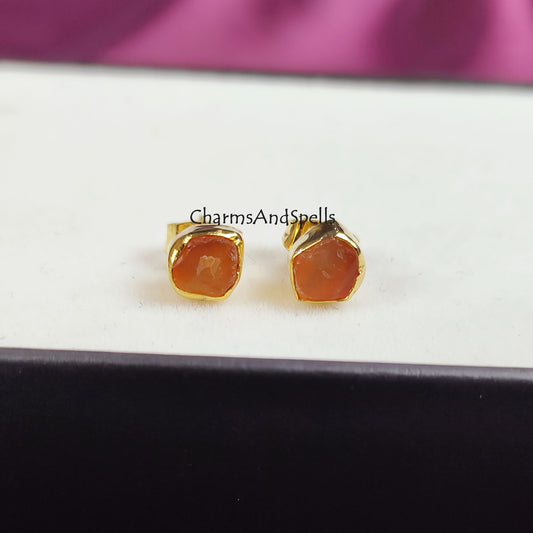 Raw Carnelian Stud Earrings | Tiny Orange Crystal Earrings July Birthstone Jewelry
