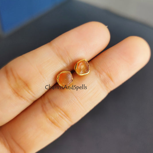 Raw Carnelian Stud Earrings | Tiny Orange Crystal Earrings July Birthstone Jewelry
