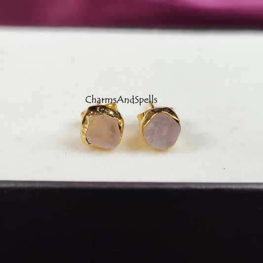 Raw Rose Quartz Stud Earrings | Tiny Gold Plated Crystal Earrings January Birthstone