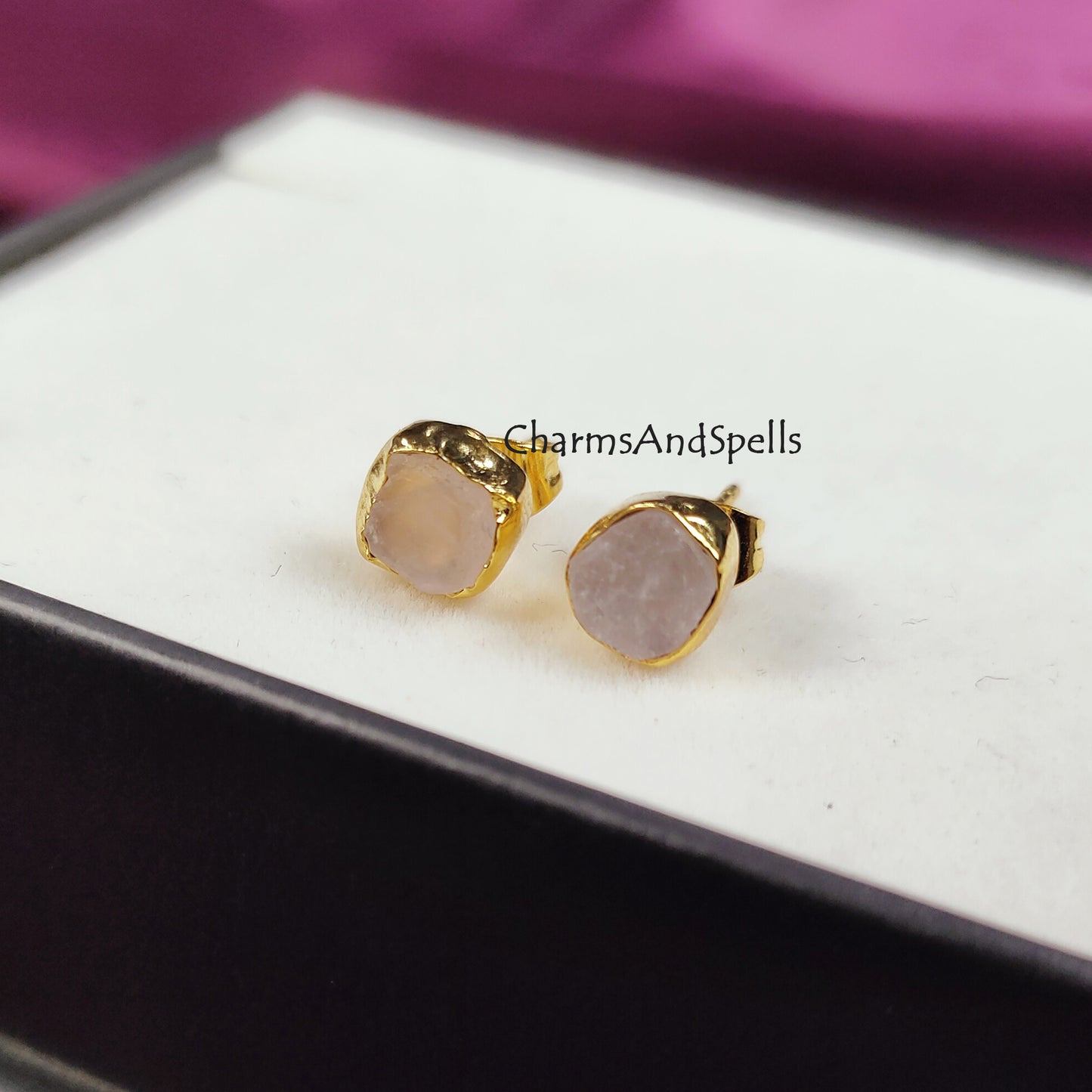 Tiny Raw Rose Quartz Earrings, Gold Plated Earrings, January Birthstone Earrings, Rose Quartz Stud Earrings, Crystal Stud Raw Gemstone Studs