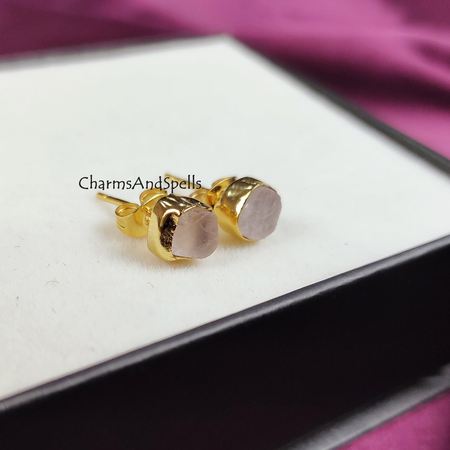 Tiny Raw Rose Quartz Earrings, Gold Plated Earrings, January Birthstone Earrings, Rose Quartz Stud Earrings, Crystal Stud Raw Gemstone Studs