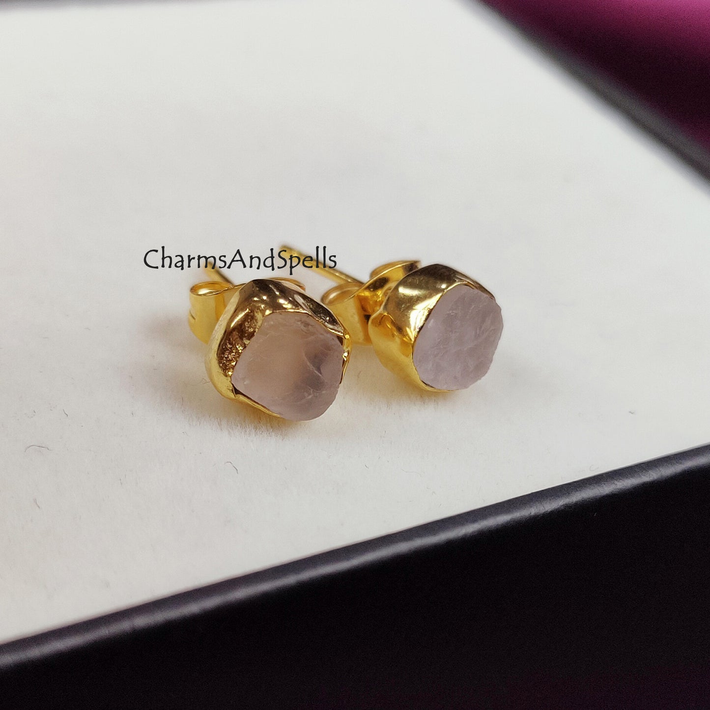 Tiny Raw Rose Quartz Earrings, Gold Plated Earrings, January Birthstone Earrings, Rose Quartz Stud Earrings, Crystal Stud Raw Gemstone Studs