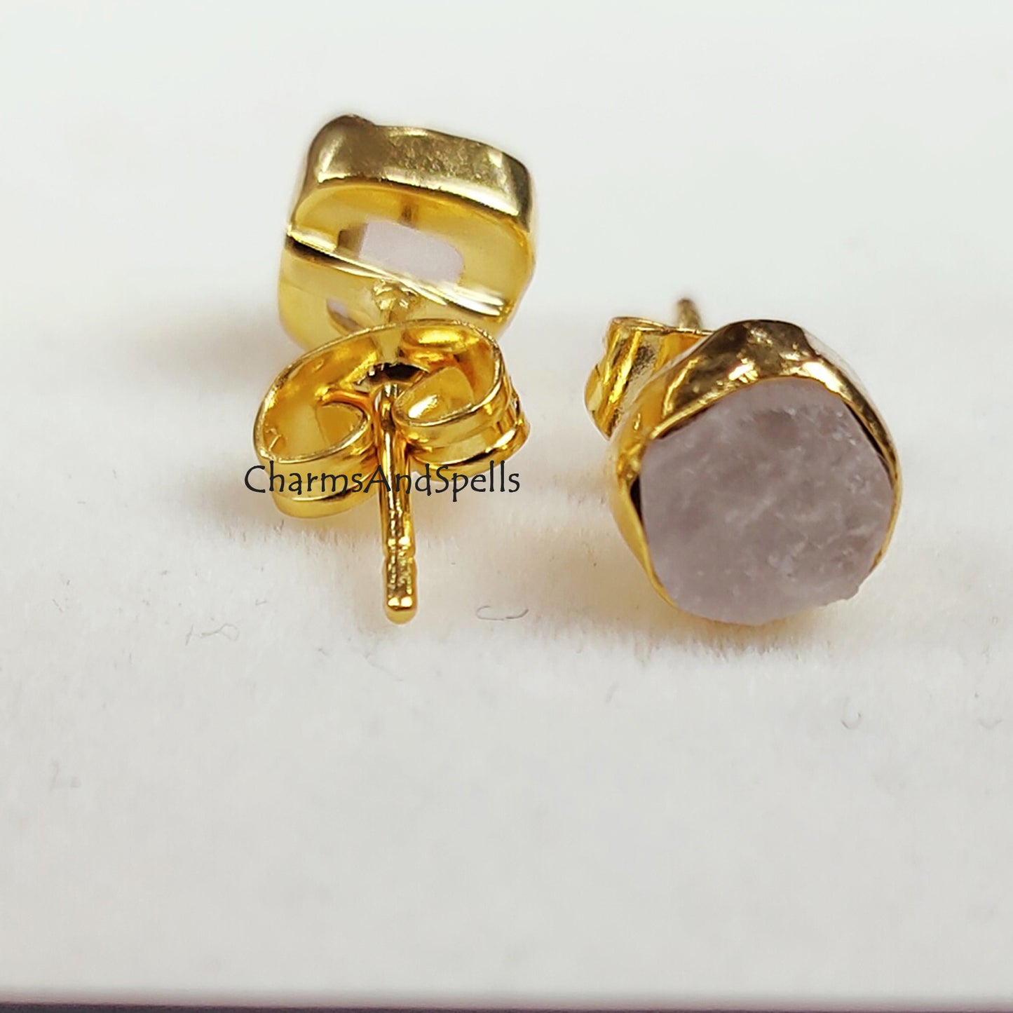 Tiny Raw Rose Quartz Earrings, Gold Plated Earrings, January Birthstone Earrings, Rose Quartz Stud Earrings, Crystal Stud Raw Gemstone Studs