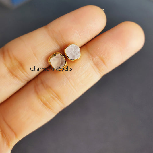 Raw Rose Quartz Stud Earrings | Tiny Gold Plated Crystal Earrings January Birthstone